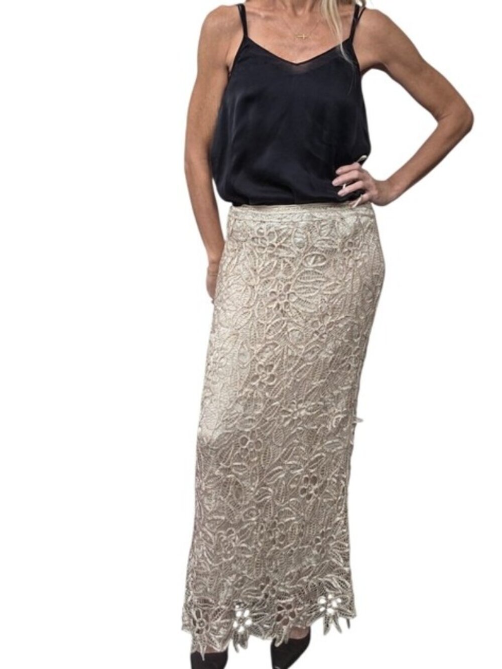 Silk Crochet Lace Maxi Skirt S Boho Coquette Beige Silk Overlay
